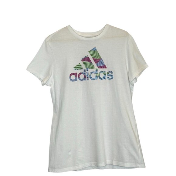 LIKE NEW Adidas Women’s The Go-To Tee Workout Loose Fit Multicolor Logo Cotton X - Picture 2 of 6